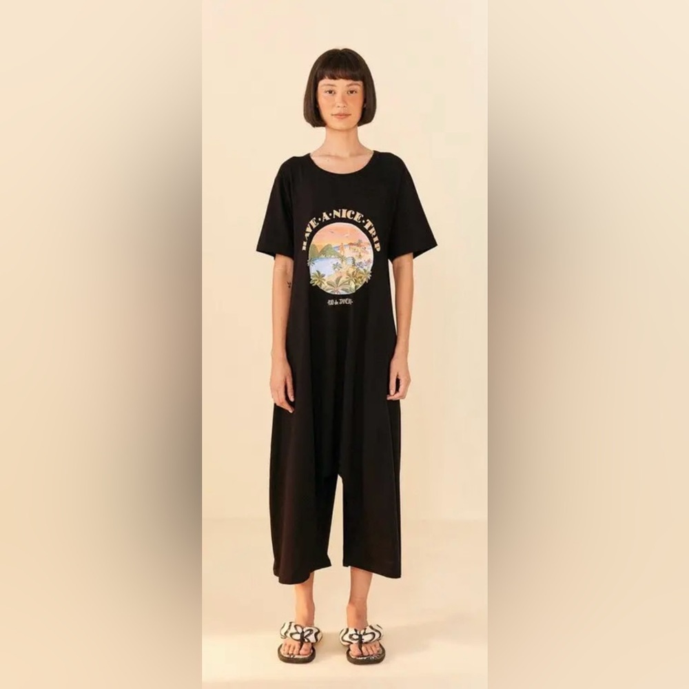 Farm Rio Black Have A Nice Trip Organic Cotton Jumpsuit Size XS